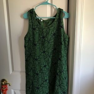 Green linen dress floral embroidered